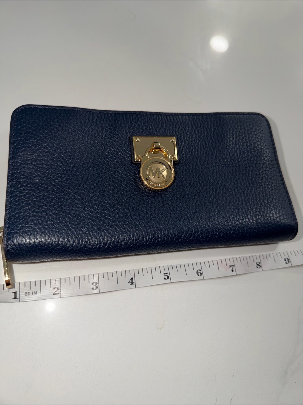 Michael Kors Navy Pebbled Leather Zip Card Wallet with Gold Emblem